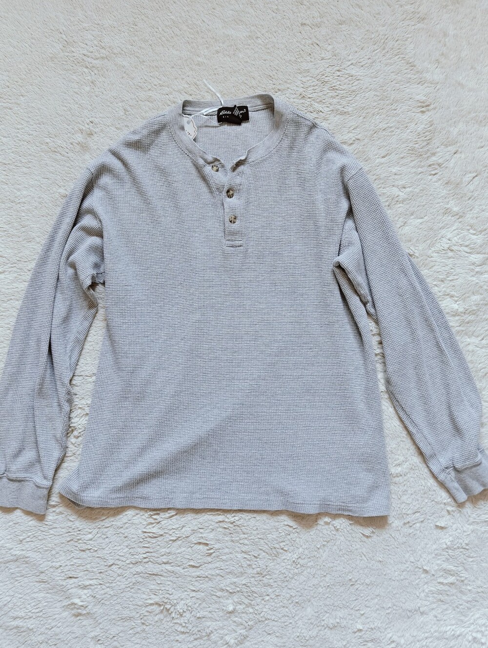 Eddie Bauer Men Heavy Waffle Knit Button Henley Sweater Grey Cream Cotton Size M